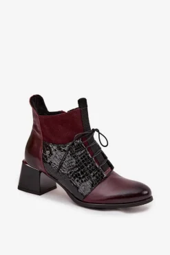 Damskie Zazoo 60503 Skórzane Botki Na Obcasie Ocieplane Bordowe