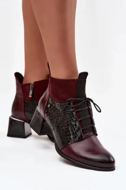 Damskie Zazoo 60503 Skórzane Botki Na Obcasie Ocieplane Bordowe