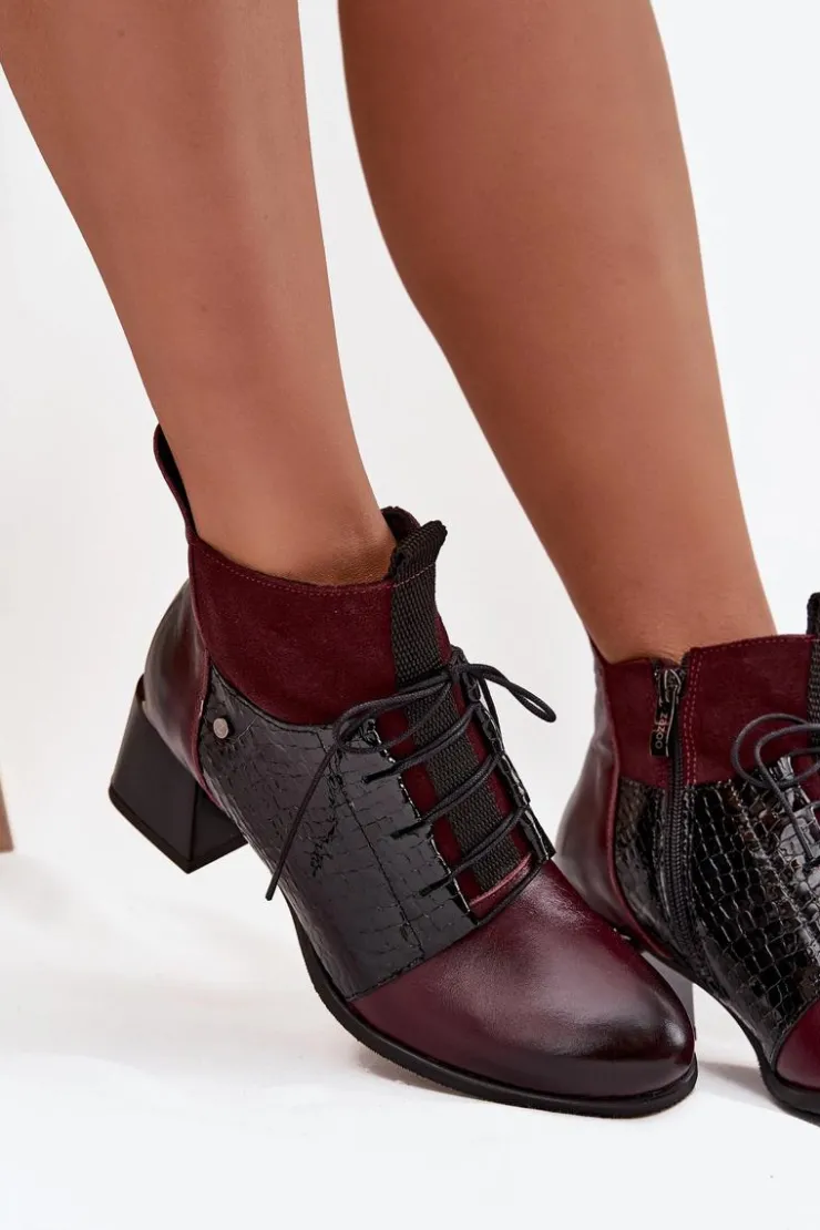 Damskie Zazoo 60503 Skórzane Botki Na Obcasie Ocieplane Bordowe