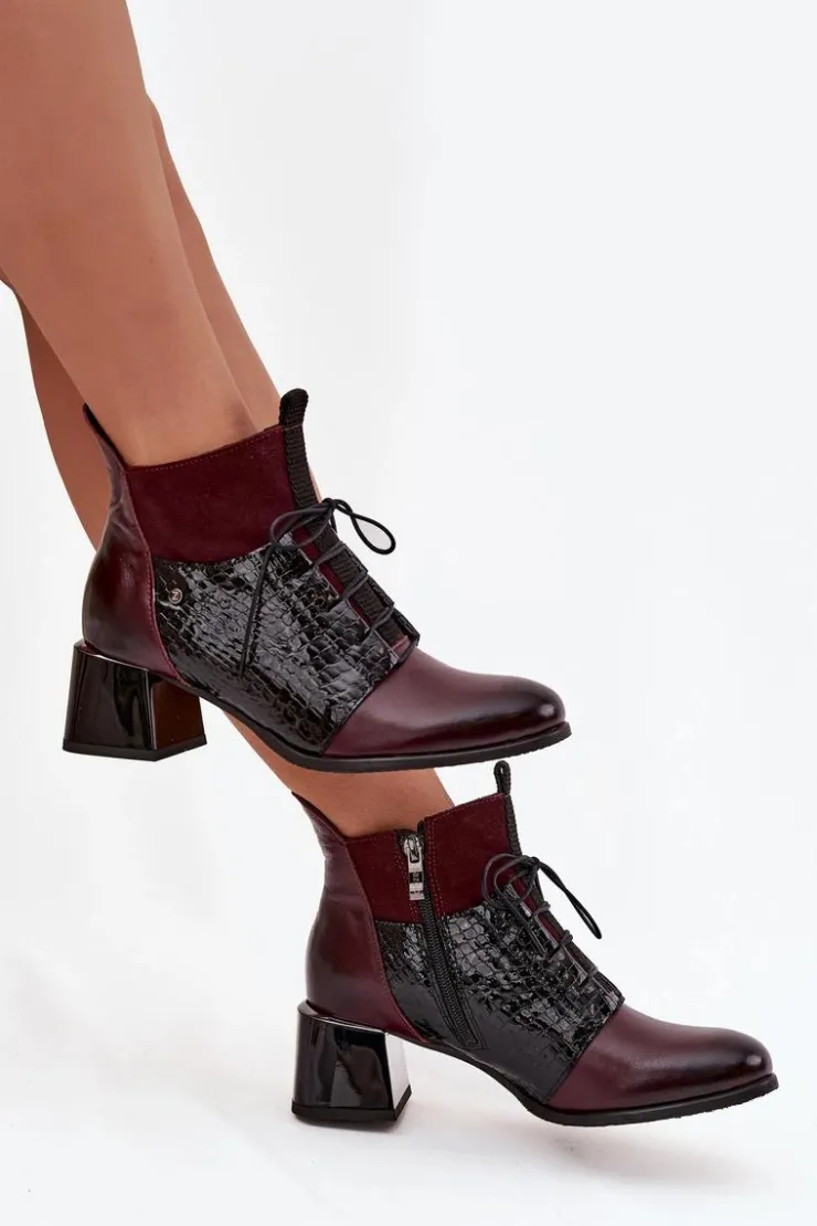 Damskie Zazoo 60503 Skórzane Botki Na Obcasie Ocieplane Bordowe