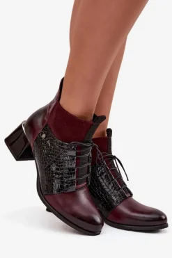 Damskie Zazoo 60503 Skórzane Botki Na Obcasie Ocieplane Bordowe