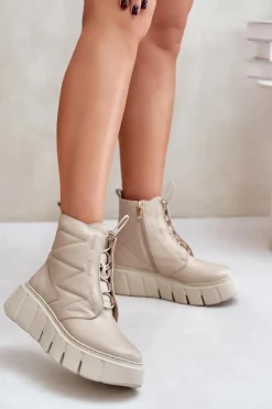 Zazoo 60472 Skórzane Botki Na Platformie I Koturnie Beżowe Beżowy