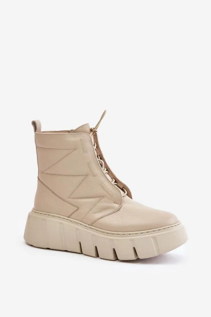 Zazoo 60472 Skórzane Botki Na Platformie I Koturnie Beżowe Beżowy