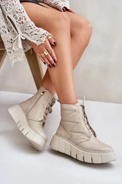 Zazoo 60472 Skórzane Botki Na Platformie I Koturnie Beżowe Beżowy