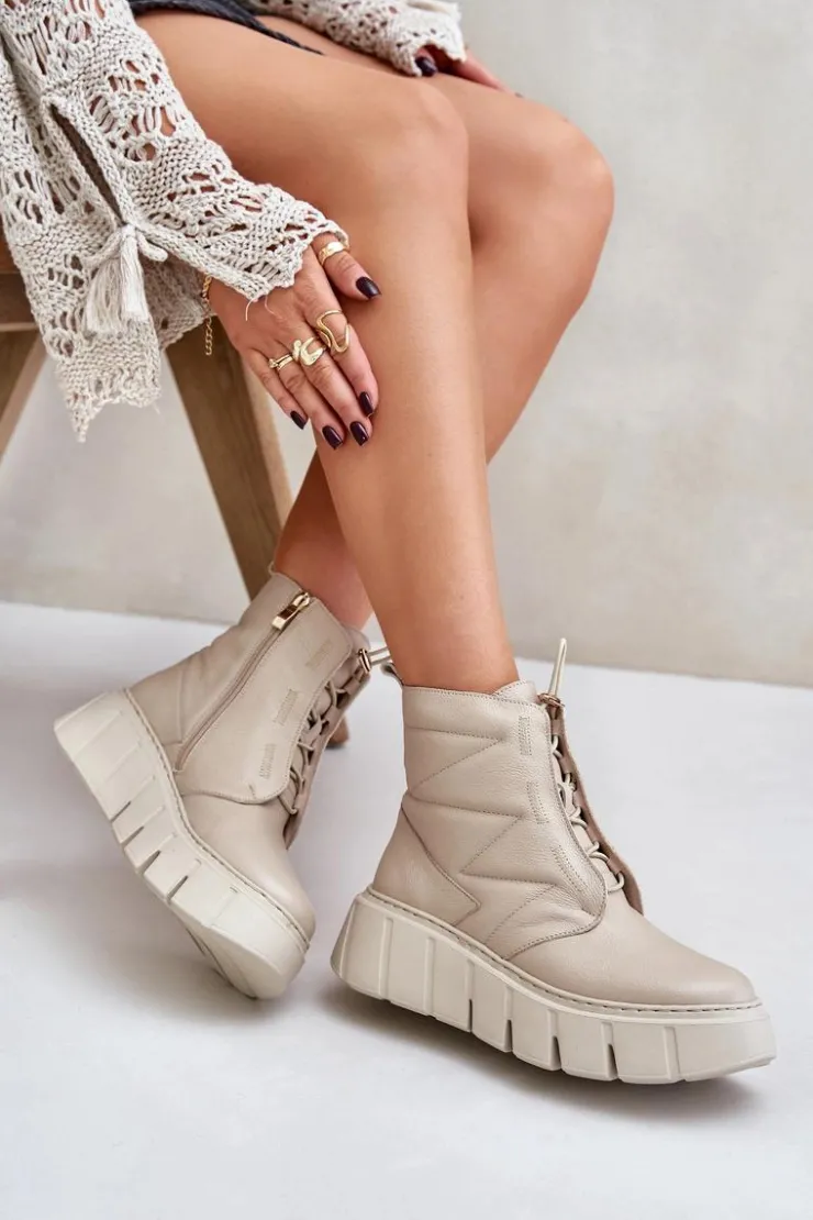 Zazoo 60472 Skórzane Botki Na Platformie I Koturnie Beżowe Beżowy