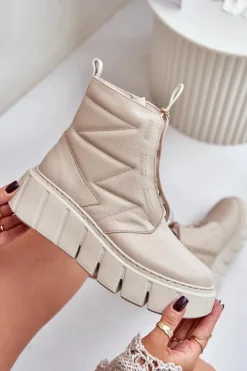 Zazoo 60472 Skórzane Botki Na Platformie I Koturnie Beżowe Beżowy