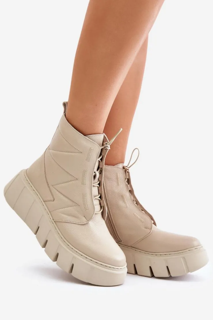 Zazoo 60472 Skórzane Botki Na Platformie I Koturnie Beżowe Beżowy