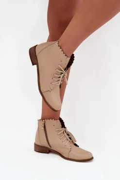 Damskie Zazoo 2964 Skórzane Botki Na Płaskim Obcasie Beżowe