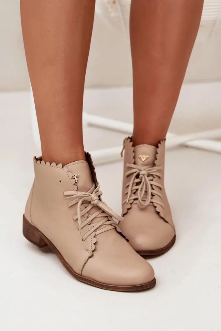 Damskie Zazoo 2964 Skórzane Botki Na Płaskim Obcasie Beżowe