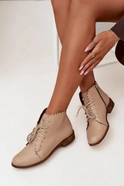 Damskie Zazoo 2964 Skórzane Botki Na Płaskim Obcasie Beżowe