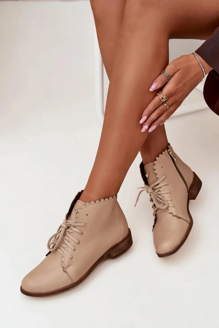 Damskie Zazoo 2964 Skórzane Botki Na Płaskim Obcasie Beżowe