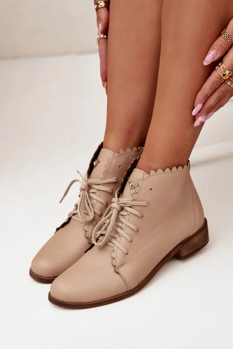 Damskie Zazoo 2964 Skórzane Botki Na Płaskim Obcasie Beżowe