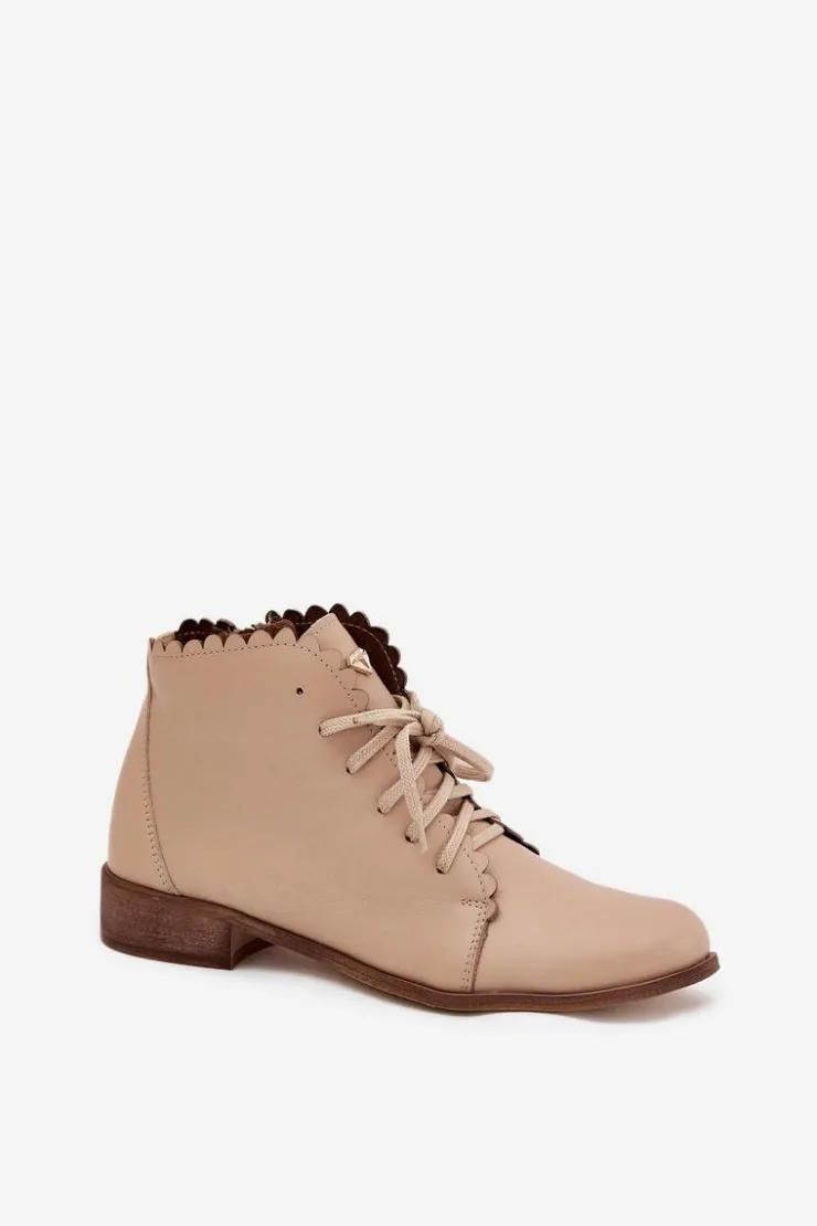 Damskie Zazoo 2964 Skórzane Botki Na Płaskim Obcasie Beżowe