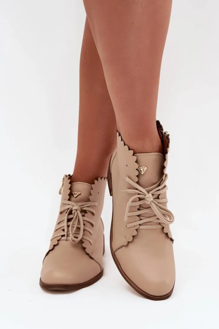 Damskie Zazoo 2964 Skórzane Botki Na Płaskim Obcasie Beżowe