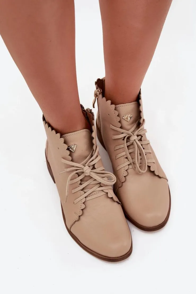 Damskie Zazoo 2964 Skórzane Botki Na Płaskim Obcasie Beżowe