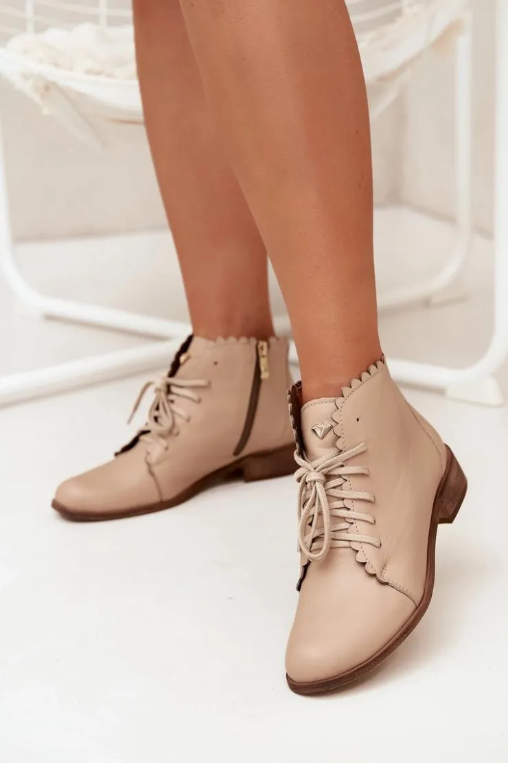 Damskie Zazoo 2964 Skórzane Botki Na Płaskim Obcasie Beżowe