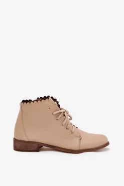 Damskie Zazoo 2964 Skórzane Botki Na Płaskim Obcasie Beżowe