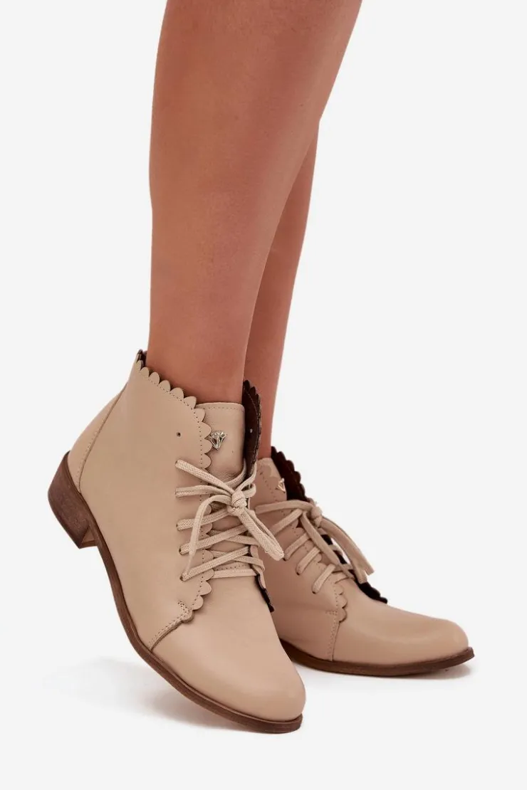 Damskie Zazoo 2964 Skórzane Botki Na Płaskim Obcasie Beżowe