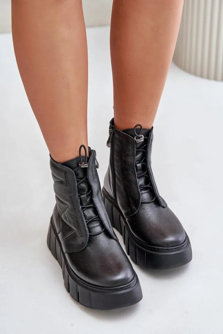 Damskie Zazoo 60472 Skórzane Botki Na Platformie I Koturnie Czarne