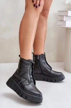 Damskie Zazoo 60472 Skórzane Botki Na Platformie I Koturnie Czarne