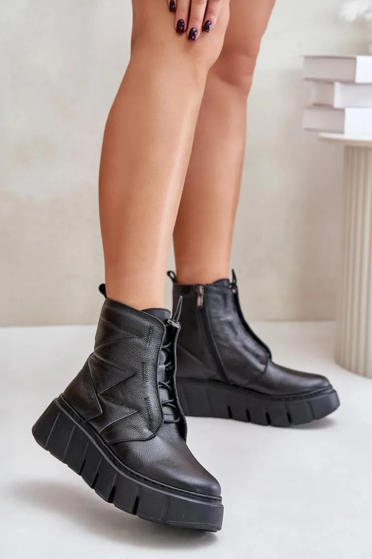Damskie Zazoo 60472 Skórzane Botki Na Platformie I Koturnie Czarne
