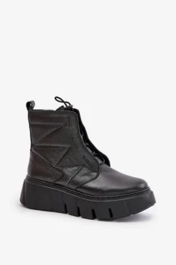 Damskie Zazoo 60472 Skórzane Botki Na Platformie I Koturnie Czarne