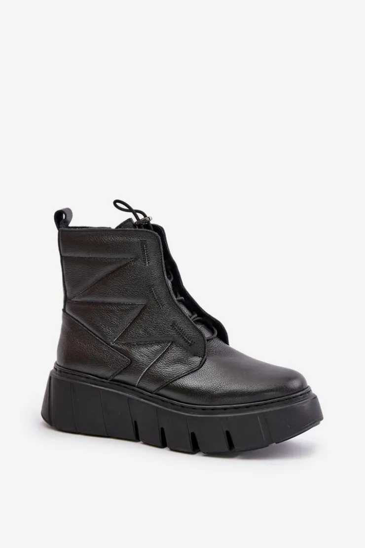 Damskie Zazoo 60472 Skórzane Botki Na Platformie I Koturnie Czarne