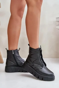 Damskie Zazoo 60472 Skórzane Botki Na Platformie I Koturnie Czarne