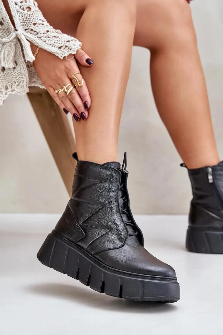 Damskie Zazoo 60472 Skórzane Botki Na Platformie I Koturnie Czarne