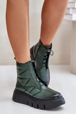 Zazoo Botki Ocieplane|Botki Skórzane*60472 Skórzane Botki Na Platformie I Koturnie Ciemnozielone Zielony