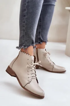 Damskie Zazoo 2964 Skórzane Botki Na Płaskim Obcasie Beżowe