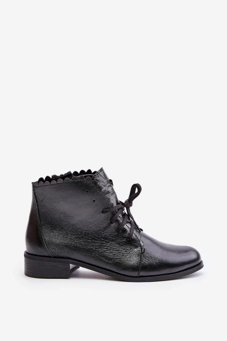 New Zazoo 2964 Skórzane Botki Na Płaskim Obcasie Czarne Czarny