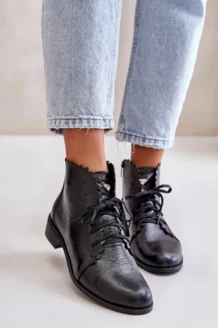 New Zazoo 2964 Skórzane Botki Na Płaskim Obcasie Czarne Czarny