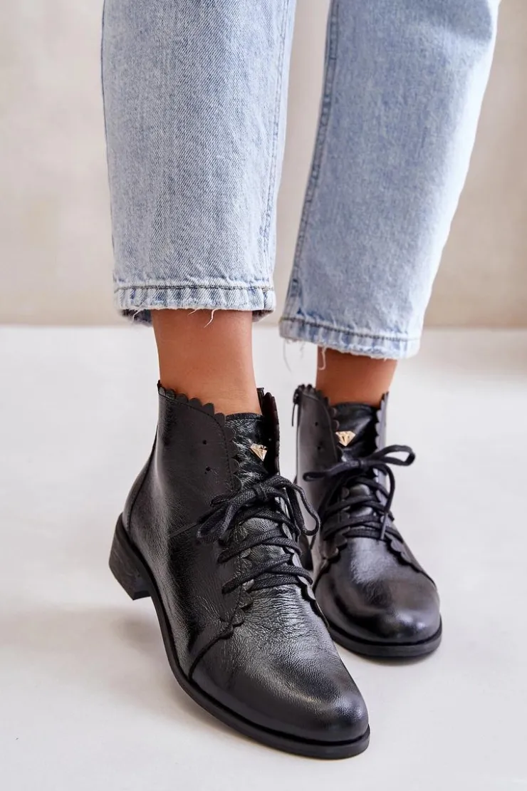 New Zazoo 2964 Skórzane Botki Na Płaskim Obcasie Czarne Czarny