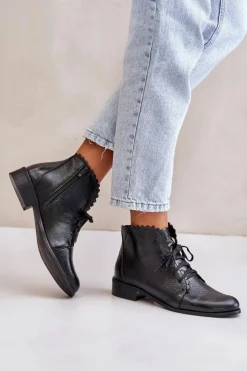 New Zazoo 2964 Skórzane Botki Na Płaskim Obcasie Czarne Czarny