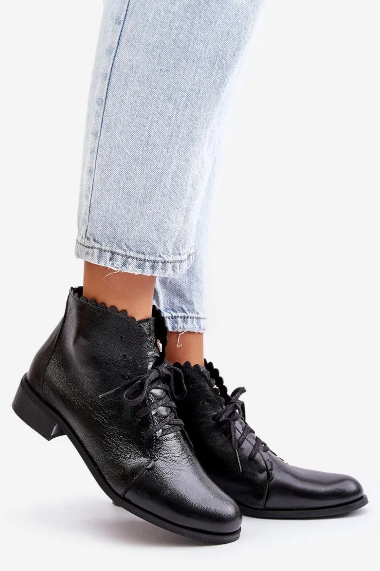 New Zazoo 2964 Skórzane Botki Na Płaskim Obcasie Czarne Czarny