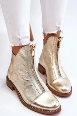 Zazoo Botki Wiosenne|Czarne Botki*2785 Skórzane Botki Na Suwak Złote