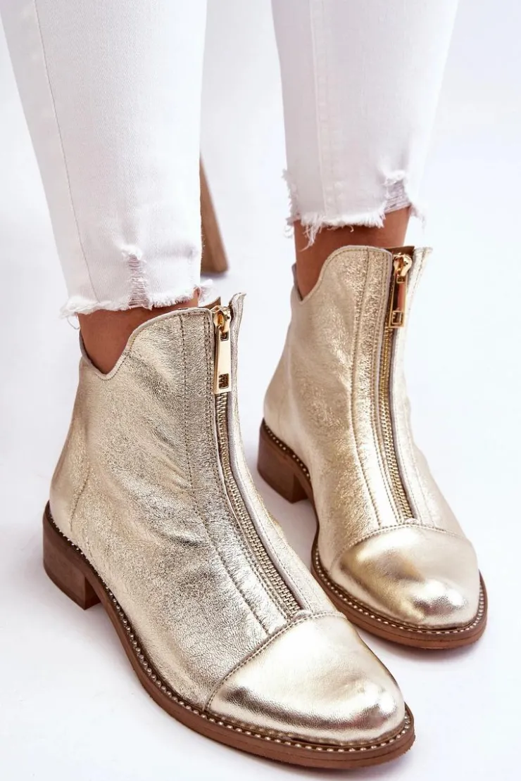 Zazoo Botki Wiosenne|Czarne Botki*2785 Skórzane Botki Na Suwak Złote