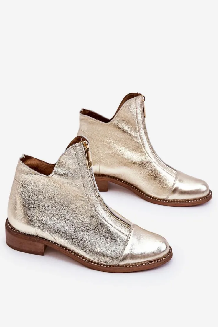 Zazoo Botki Wiosenne|Czarne Botki*2785 Skórzane Botki Na Suwak Złote