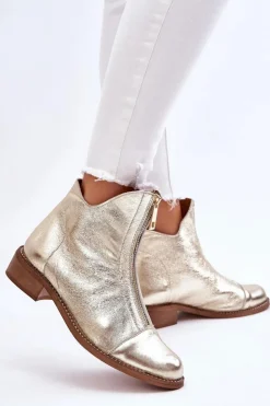 Zazoo Botki Wiosenne|Czarne Botki*2785 Skórzane Botki Na Suwak Złote