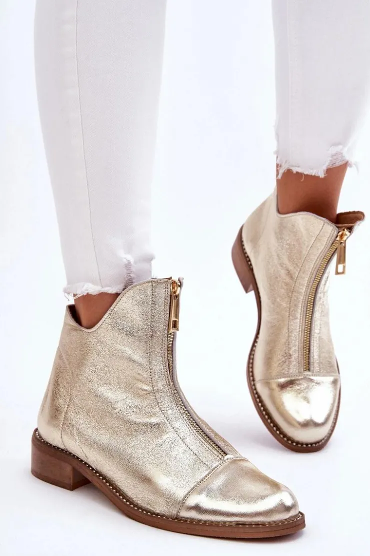 Zazoo Botki Wiosenne|Czarne Botki*2785 Skórzane Botki Na Suwak Złote