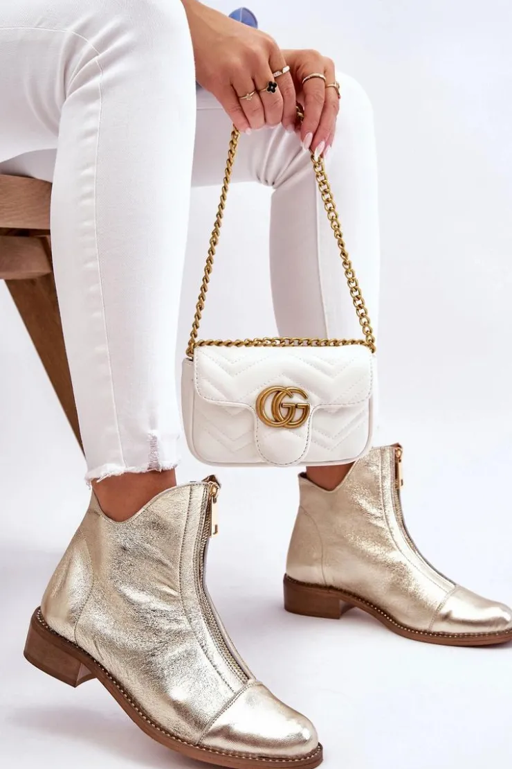 Zazoo Botki Wiosenne|Czarne Botki*2785 Skórzane Botki Na Suwak Złote