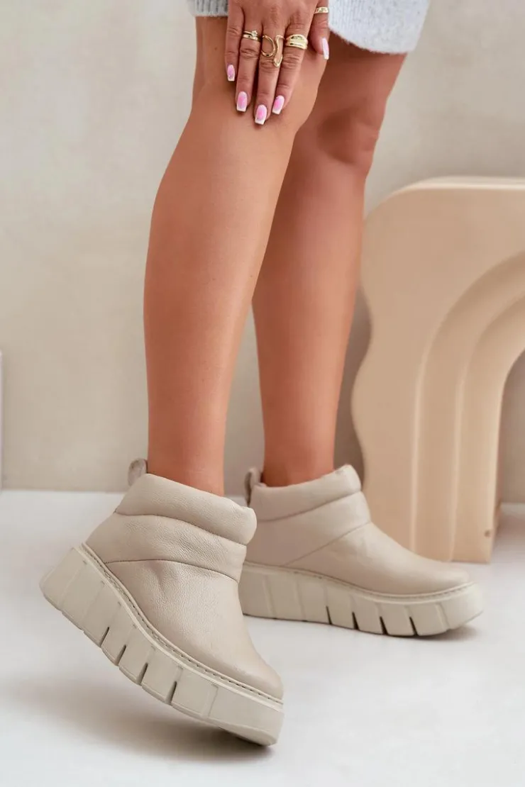 Damskie Zazoo 60470 Skórzane Botki Ocieplane Wełną Na Platformie Jasnobeżowe