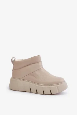Damskie Zazoo 60470 Skórzane Botki Ocieplane Wełną Na Platformie Jasnobeżowe