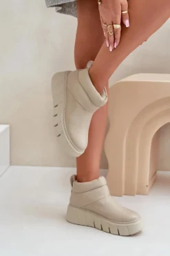 Damskie Zazoo 60470 Skórzane Botki Ocieplane Wełną Na Platformie Jasnobeżowe