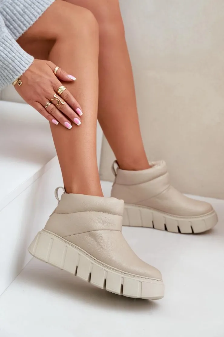 Damskie Zazoo 60470 Skórzane Botki Ocieplane Wełną Na Platformie Jasnobeżowe