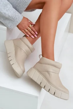 Damskie Zazoo 60470 Skórzane Botki Ocieplane Wełną Na Platformie Jasnobeżowe