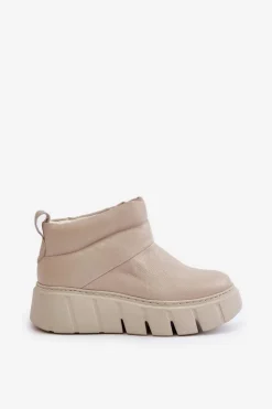 Damskie Zazoo 60470 Skórzane Botki Ocieplane Wełną Na Platformie Jasnobeżowe