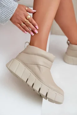 Damskie Zazoo 60470 Skórzane Botki Ocieplane Wełną Na Platformie Jasnobeżowe