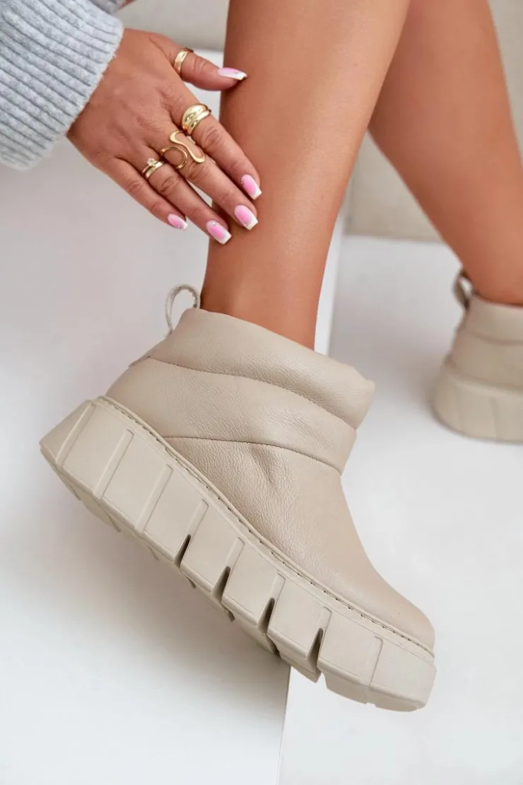 Damskie Zazoo 60470 Skórzane Botki Ocieplane Wełną Na Platformie Jasnobeżowe